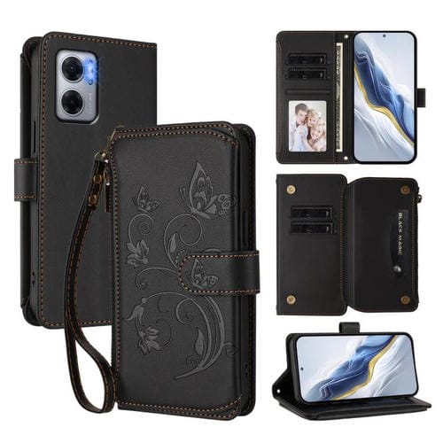 Funda de cuero con cremallera para Redmi 10 5G / Redmi 11 Prime 5G, diseño de mariposas, flores y múltiples tarjetas (negro)