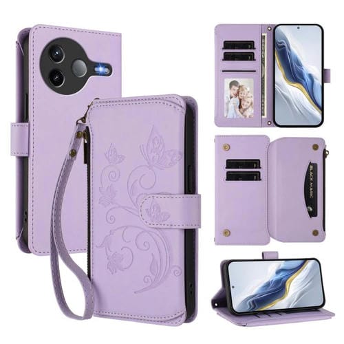 Funda de cuero con cremallera para Xiaomi Poco F7 Pro / Redmi K80, diseño de mariposas y flores, con múltiples tarjetas (morado claro)