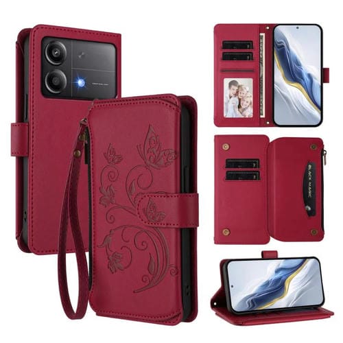 Funda de cuero con cremallera para Xiaomi Poco X6 Neo, diseño de mariposas, flores y amor, con múltiples tarjetas (rojo vino)
