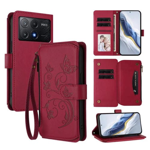 Funda de cuero con cremallera para Xiaomi Poco X6 Pro, diseño de mariposas, flores y mariposas (rojo vino)