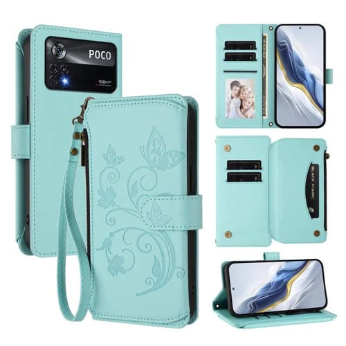 Funda de cuero con cremallera para Xiaomi Poco X4 Pro 5G, diseño de mariposas, flores y mariposas (verde menta)