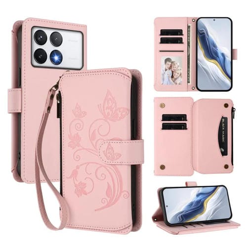 Funda de cuero con cremallera para Xiaomi Poco F6 Pro, diseño de mariposas, flores y mariposas (rosa)
