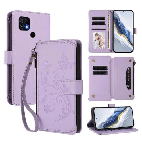 Funda de cuero con cremallera para Xiaomi Poco C40/Redmi 10C, diseño de mariposas y flores, con múltiples tarjetas (morado claro)