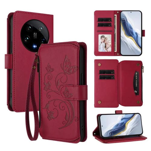 Funda de cuero con cremallera para Xiaomi 14 Ultra, diseño de mariposas, flores y múltiples tarjetas (rojo vino)