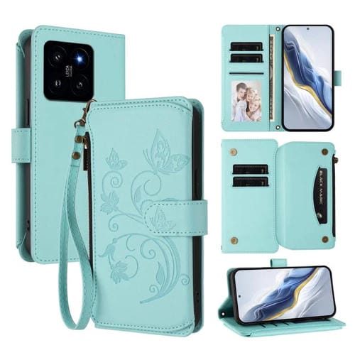 Funda de cuero con cremallera para Xiaomi 14, diseño de mariposas y flores, con múltiples tarjetas (verde menta)