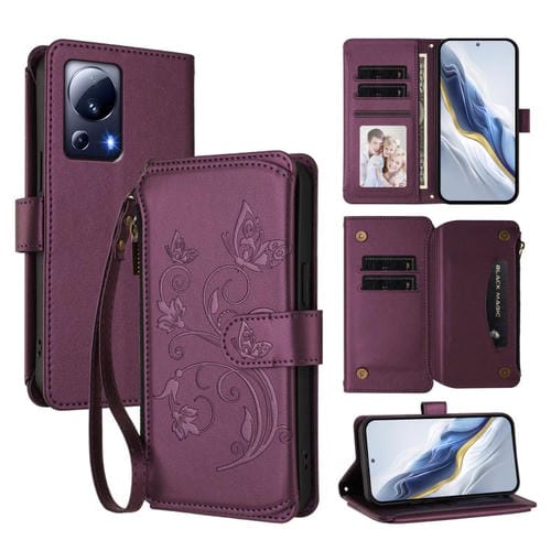 Funda de cuero con cremallera para Xiaomi 13 Lite / Civi 2, diseño de mariposas y flores (morado oscuro)