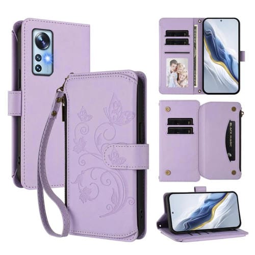 Funda de cuero con cremallera para Xiaomi 12 / Xiaomi 12X / Xiaomi 12S, diseño de mariposas y flores (morado claro)