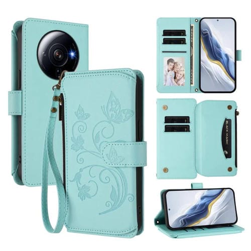 Funda de cuero con cremallera para Xiaomi 12S Ultra, diseño de mariposas, flores y mariposas (verde menta)