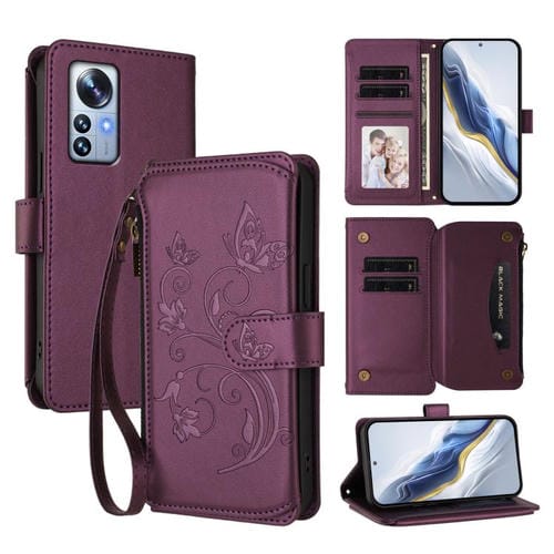 Funda de cuero con cremallera para Xiaomi 12 Pro / 12S Pro, diseño de mariposas, flores y mariposas (morado oscuro)