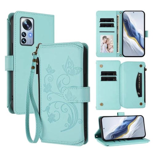 Funda de cuero con cremallera para Xiaomi 12 Pro / 12S Pro, diseño de mariposas, flores y mariposas (verde menta)