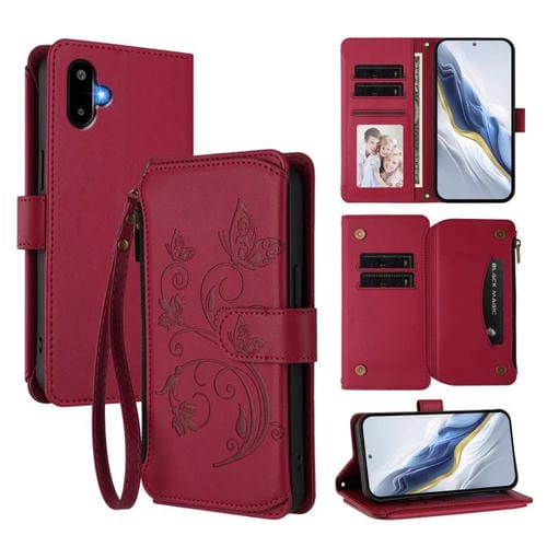 Funda de cuero con cremallera para Samsung Galaxy M06 5G / F06 5G, diseño de mariposas, flores y amor (rojo vino)