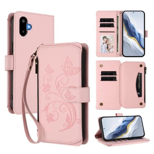 Funda de cuero con cremallera para Samsung Galaxy M06 5G / F06 5G, diseño de mariposas, flores y amor, con mĂșltiples tarjetas (rosa)