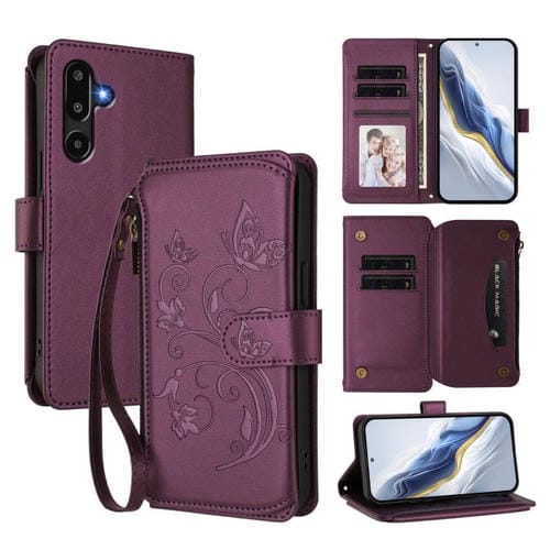 Funda de cuero con cremallera para Samsung Galaxy M16 5G / F16 5G, diseño de mariposas, flores y amor, con mĂșltiples tarjetas (morado oscuro)