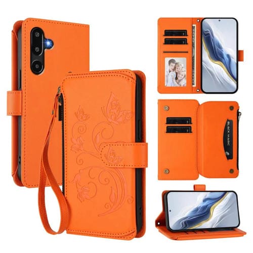 Funda de cuero con cremallera para Samsung Galaxy M16 5G / F16 5G, diseño de mariposas, flores y amor, con mĂșltiples tarjetas (naranja)
