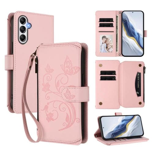 Funda de cuero con cremallera para Samsung Galaxy M14 5G, diseño de mariposas, flores y amor, con mĂșltiples tarjetas (rosa)