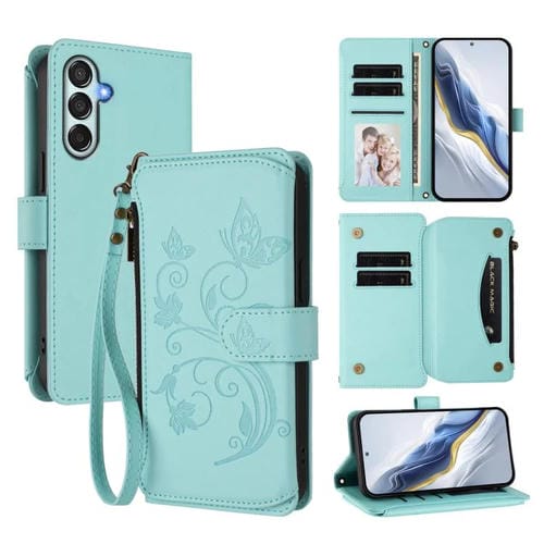 Funda de cuero con cremallera para Samsung Galaxy M15 5G / F15 5G, diseño de mariposas, flores y amor, con mĂșltiples tarjetas (verde menta)