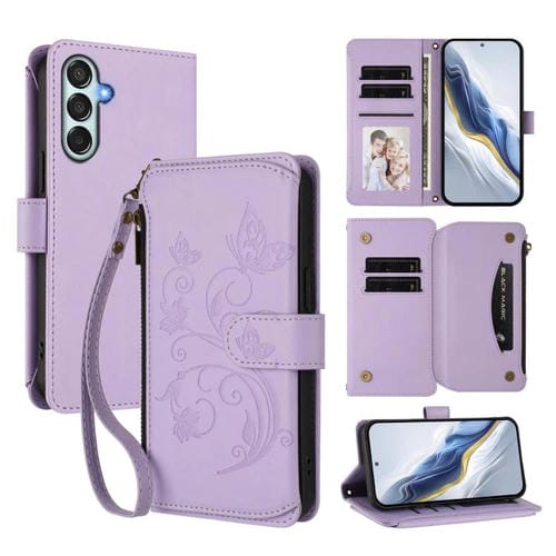 Funda de cuero con cremallera para Samsung Galaxy M35 5G, diseño de mariposas, flores y amor, con mĂșltiples tarjetas (morado claro)