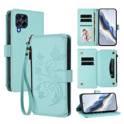 Funda de cuero con cremallera para Samsung Galaxy M53 5G, diseño de mariposas, flores y amor, con mĂșltiples tarjetas (verde menta)