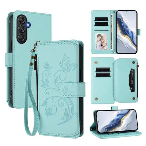 Funda de cuero con cremallera para Samsung Galaxy M54 5G / F54 5G, diseño de mariposas, flores y amor, con mĂșltiples tarjetas (verde menta)