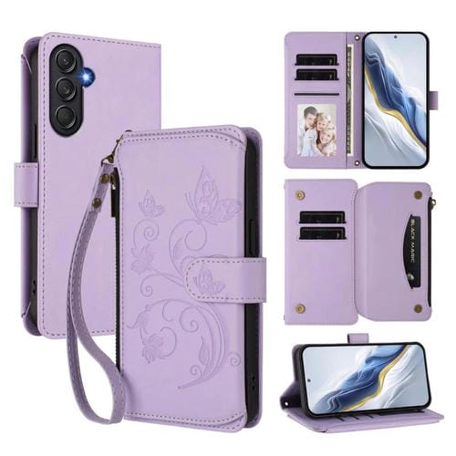 Funda de cuero con cremallera para Samsung Galaxy M54 5G / F54 5G, diseño de mariposas, flores y amor, con mĂșltiples tarjetas (morado claro)