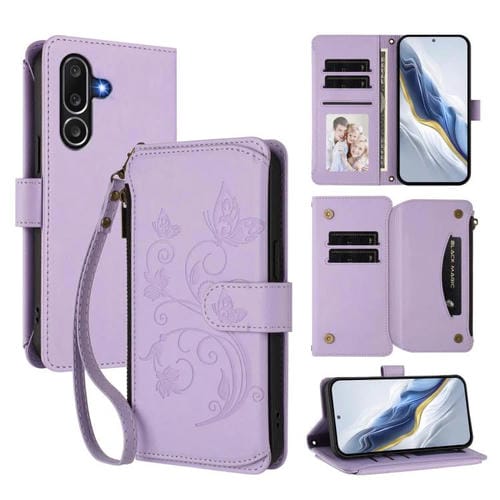 Funda de cuero con cremallera para Samsung Galaxy M56 5G, diseño de mariposas, flores y amor, con mĂșltiples tarjetas (morado claro)