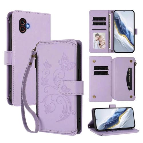 Funda de cuero con cremallera para Samsung Galaxy XCover6 Pro, diseño de mariposas, flores y amor, con mĂșltiples tarjetas (morado claro)