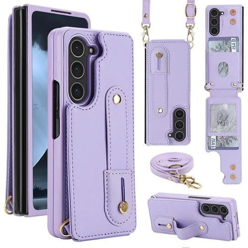 Funda tipo cartera con tapa vertical y correa para Samsung Galaxy Z Fold5 5G, con cordón largo (morado)