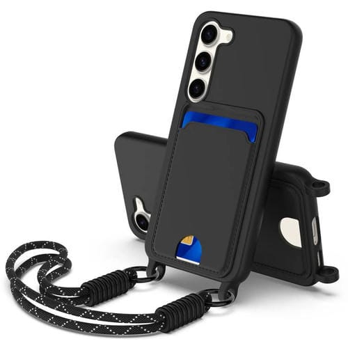 Funda de silicona líquida de color sólido para Samsung Galaxy S23 5G con tarjetero integrado y cordón corto (negro)