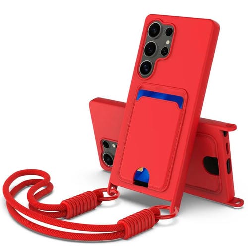Funda de silicona líquida de color sólido para Samsung Galaxy S24 Ultra 5G con tarjetero integrado y cordón corto (rojo)