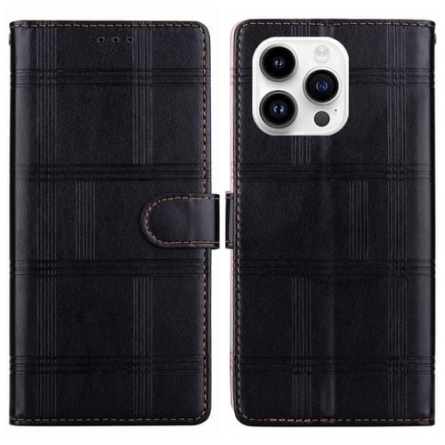 Funda de cuero con relieve a cuadros para iPhone 16 Pro Max (negra)