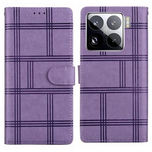 Funda de cuero con relieve a cuadros para Xiaomi 15 Pro (morada)