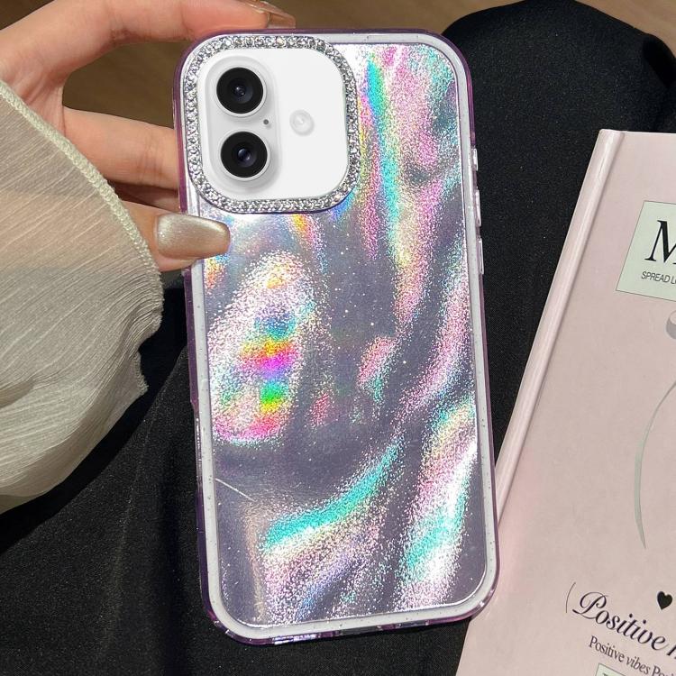 Funda 3 en 1 con diseño de arena movediza y marco de diamante para iPhone 16 Plus (morado)