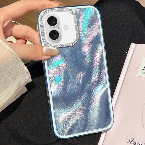 Funda 3 en 1 con diseño de arena movediza y marco de diamante para iPhone 16 (azul)