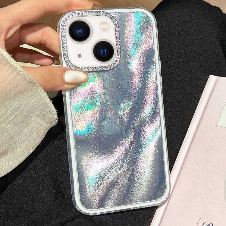 Funda 3 en 1 con diseño de arena movediza y marco de diamante para iPhone 15 Plus (plateada)