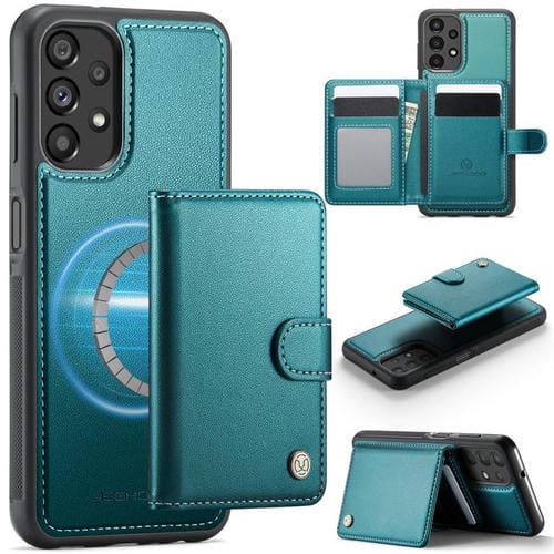 Funda de cuero con hebilla magnética para Samsung Galaxy A13 4G / 5G / A04s JEEHOOD J09, con ranuras para tarjetas, MagSafe, RFID (verde)