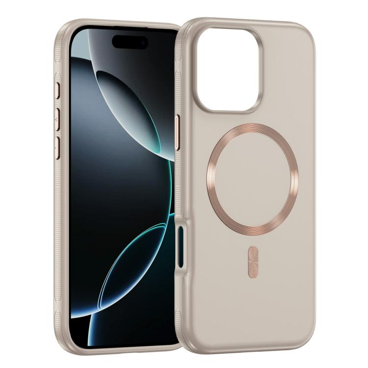 Funda hĂbrida de TPU y PC Magsafe con textura de CD original para iPhone 16 Pro (beige y gris)