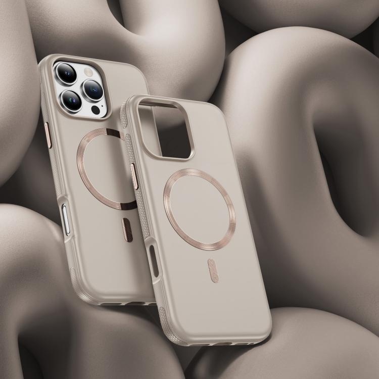 Funda hĂbrida de TPU y PC Magsafe con textura de CD original para iPhone 16 Pro (beige y gris)