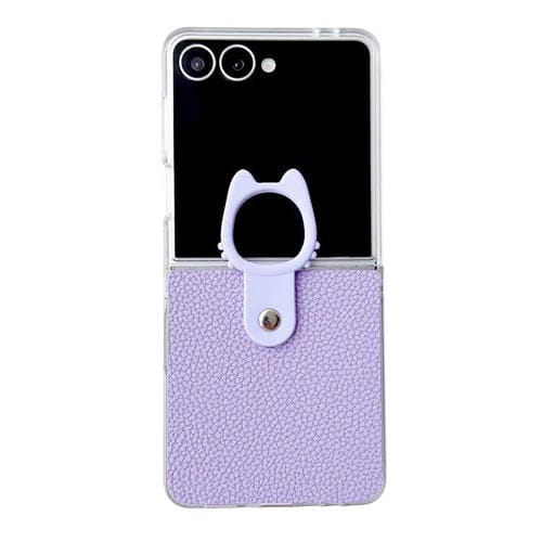 Funda de poliuretano termoplástico (PU) y policarbonato con marco transparente y soporte para anillo para Samsung Galaxy Z Flip5 5G (morado)