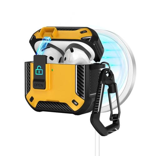 Estuche magnético MagSafe bicolor para AirPods 4 con soporte y cierre de seguridad (negro y amarillo)