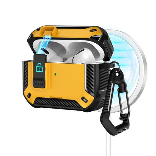 Estuche magnético MagSafe bicolor para AirPods Pro 2 con soporte y cierre de seguridad (negro y amarillo)