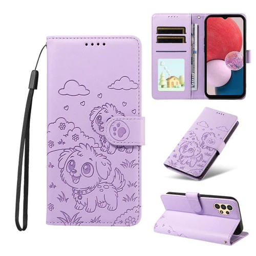 Funda de cuero tipo billetera con bloqueo RFID y diseño de corazón de perro en relieve para Samsung Galaxy A13 4G/5G (morado)