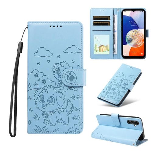 Funda de cuero con bloqueo RFID para Samsung Galaxy A14 4G/5G, con diseño de corazón y perro en relieve (azul cielo)
