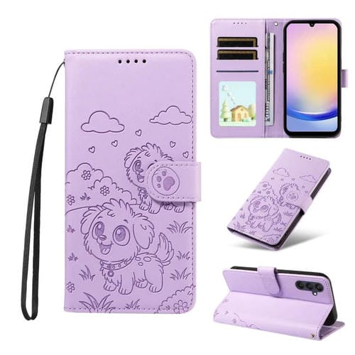 Funda de cuero con bloqueo RFID para Samsung Galaxy A25 5G, con diseño de corazón y perro en relieve (morado)