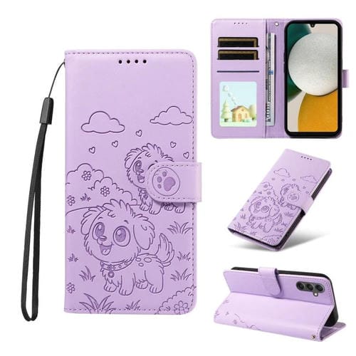 Funda de cuero tipo billetera con bloqueo RFID y diseño de corazón de perro en relieve para Samsung Galaxy A34 5G (morado)