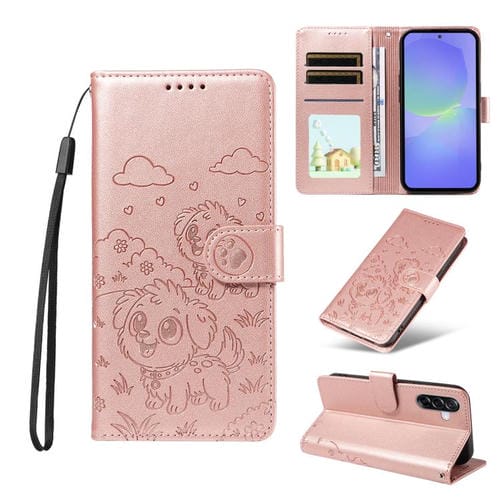 Funda de cuero tipo billetera con bloqueo RFID y diseño de corazón de perro en relieve para Samsung Galaxy A36 5G (oro rosa)