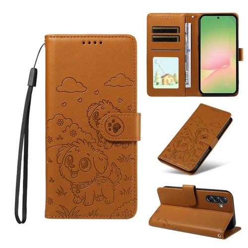 Funda de cuero tipo billetera con bloqueo RFID para Samsung Galaxy A56 5G, con diseño de corazón y perro en relieve (marrón)