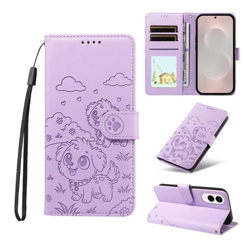 Funda de cuero tipo billetera con bloqueo RFID y diseño de corazón de perro en relieve para Samsung Galaxy S25 Edge 5G (morado)