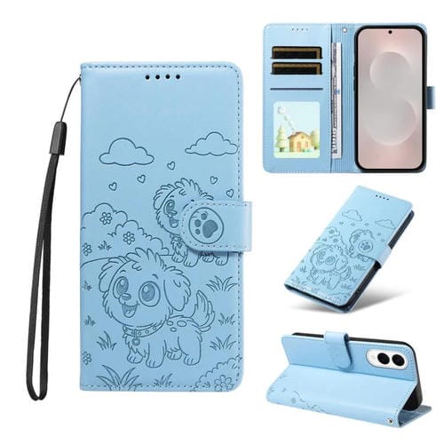 Funda de cuero tipo billetera con bloqueo RFID para Samsung Galaxy S25 Edge 5G, con diseño de corazón y perro en relieve (azul cielo)