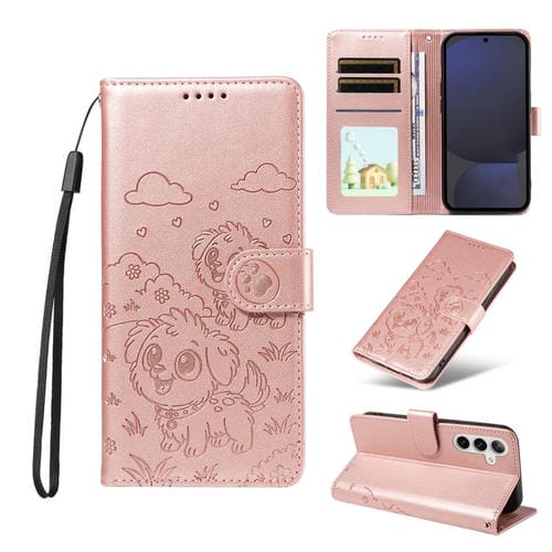 Funda de cuero tipo billetera con bloqueo RFID para Samsung Galaxy S24 FE 5G, con diseño de corazón en relieve y perro (oro rosa)