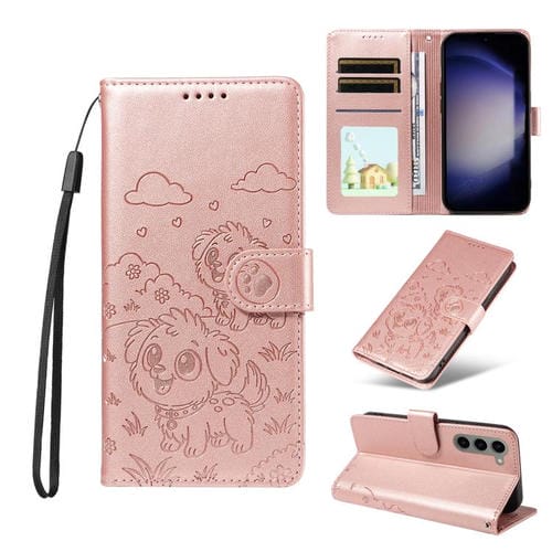 Funda de cuero tipo billetera con bloqueo RFID y diseño de corazón de perro en relieve para Samsung Galaxy S23 5G (oro rosa)
